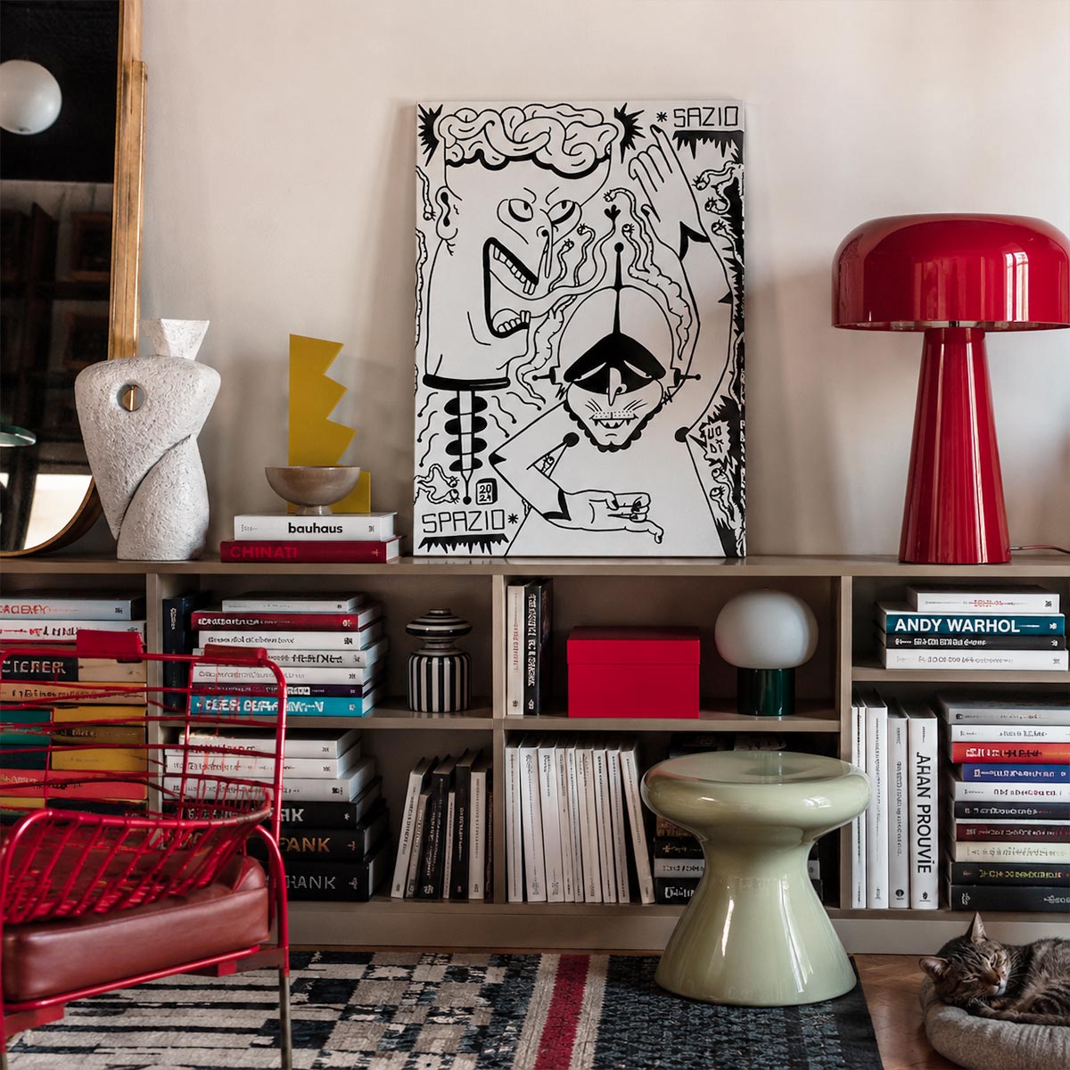Quadro Bianco e Nero Concettuale, opera originale di Emiliano dalle Piagge Collezione Uodi x Vicode ambientato in una casa di design stile sottsass