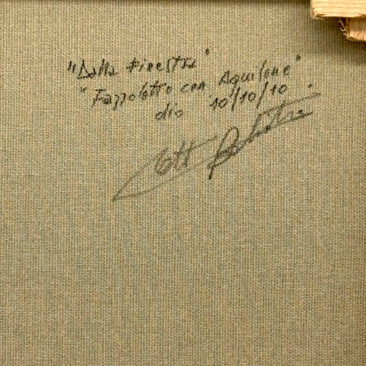 Firma autografa, data 10/10/10 e titolo scritti a mano sul retro della tela.
