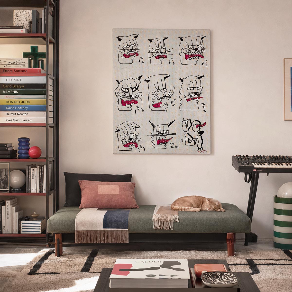 il quadro gatti di uodi ambientato in un living di design stile sottsass