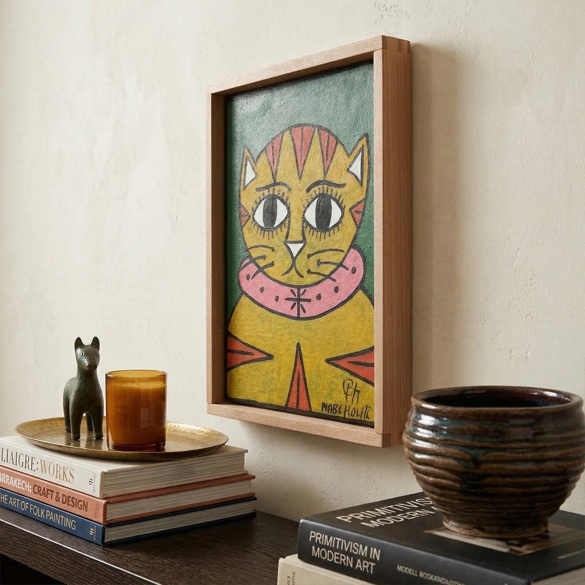 Dipinto di gatto in stile arte folk marocchina firmato Mabchour con cornice in okoume.