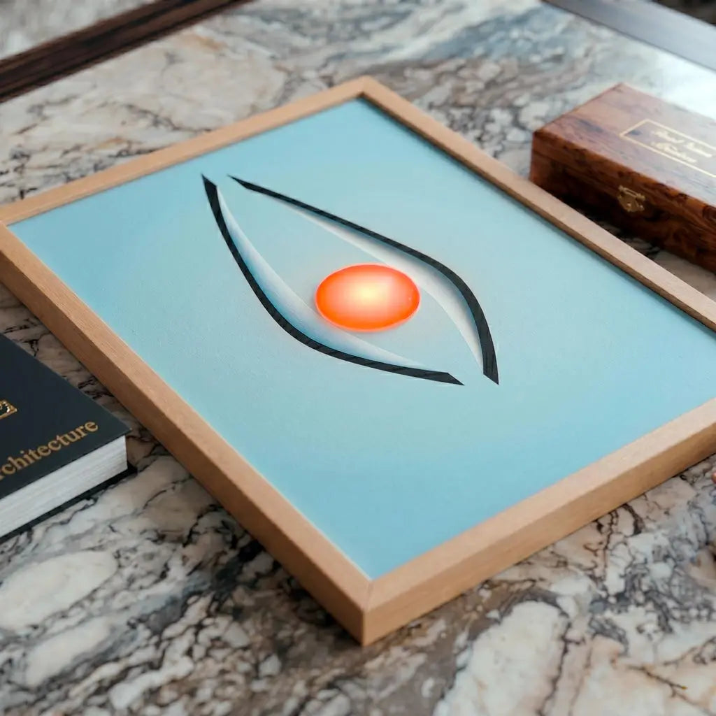 Dettaglio di quadro incorniciato illuminato da luce naturale laterale su tavolino con piano in marmo