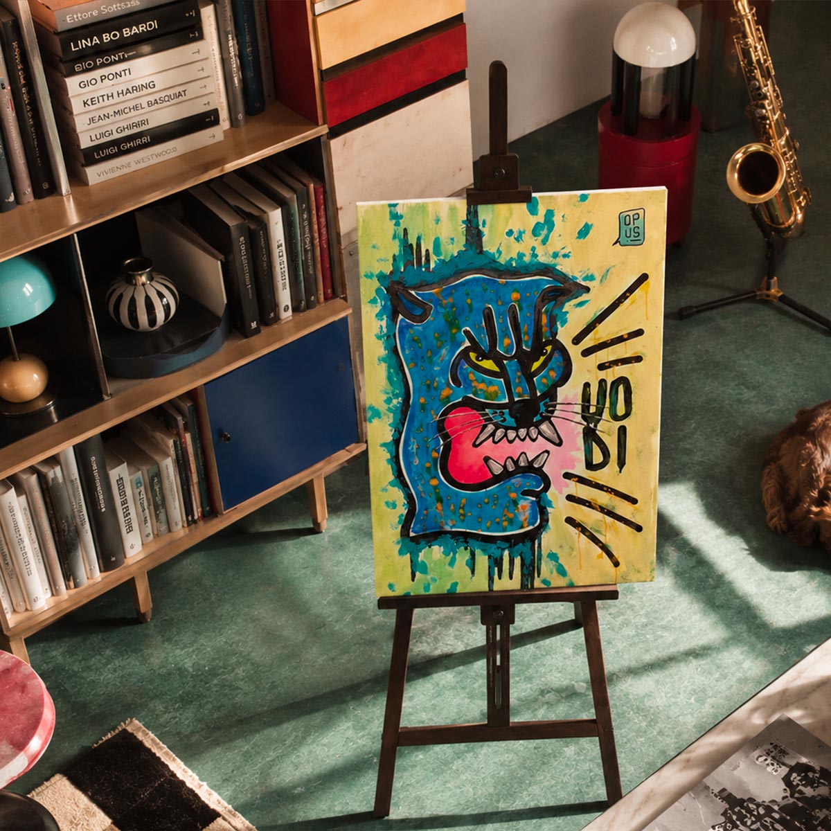 dettaglio del Quadro Pantera di Uodi Originale ambientato in uno studio di design dell'artista stile sottsass