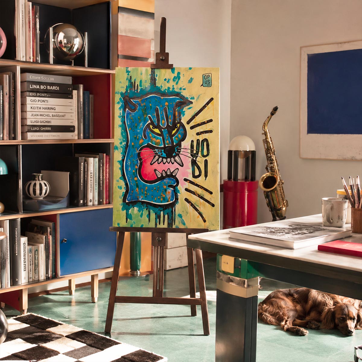 Quadro Pantera di Uodi Originale ambientato in unso studio dell'artista stile sottsass