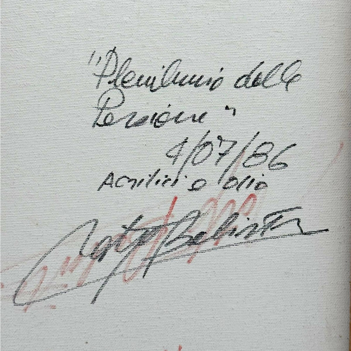 Firma originale, titolo e data 4/07/86 scritti di pugno dall'artista sul retro.