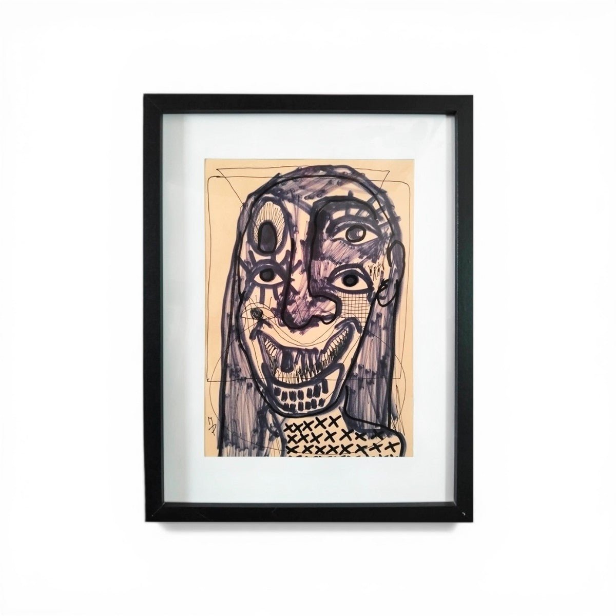 Sorriso esasperato e linee viscerali nel quadro astratto di Massimiliano Precisi.