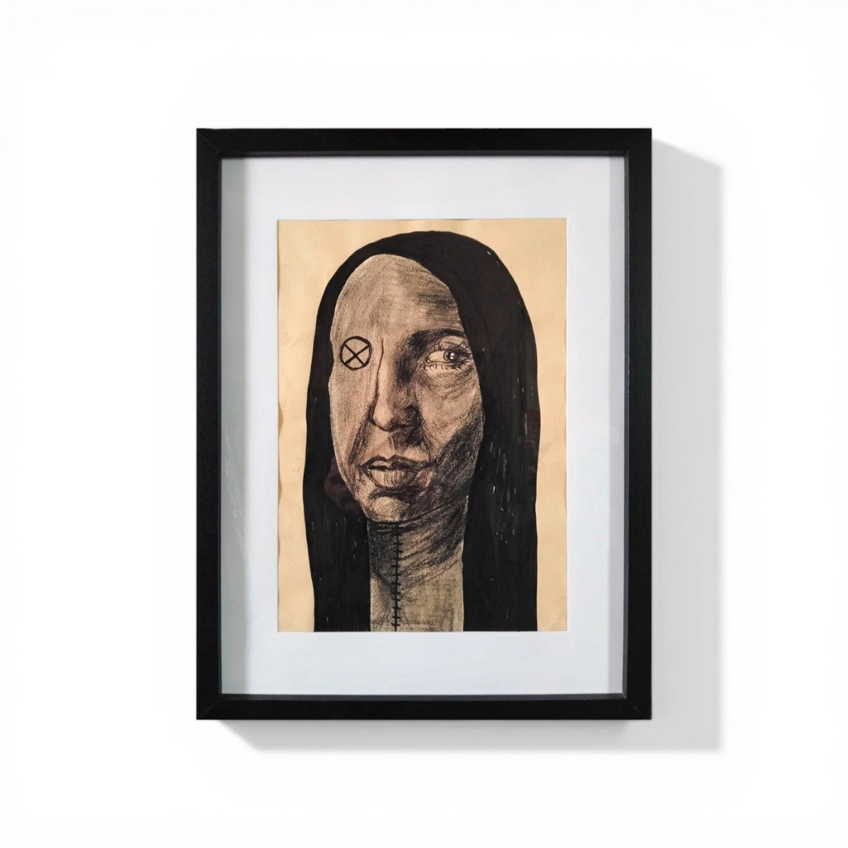Ritratto psicologico con segno di sutura sul collo, arte contemporanea Vicode.