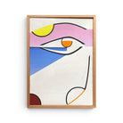 Spessi contorni neri e campiture piatte lilla, blu e gialle in stile Pop Art.