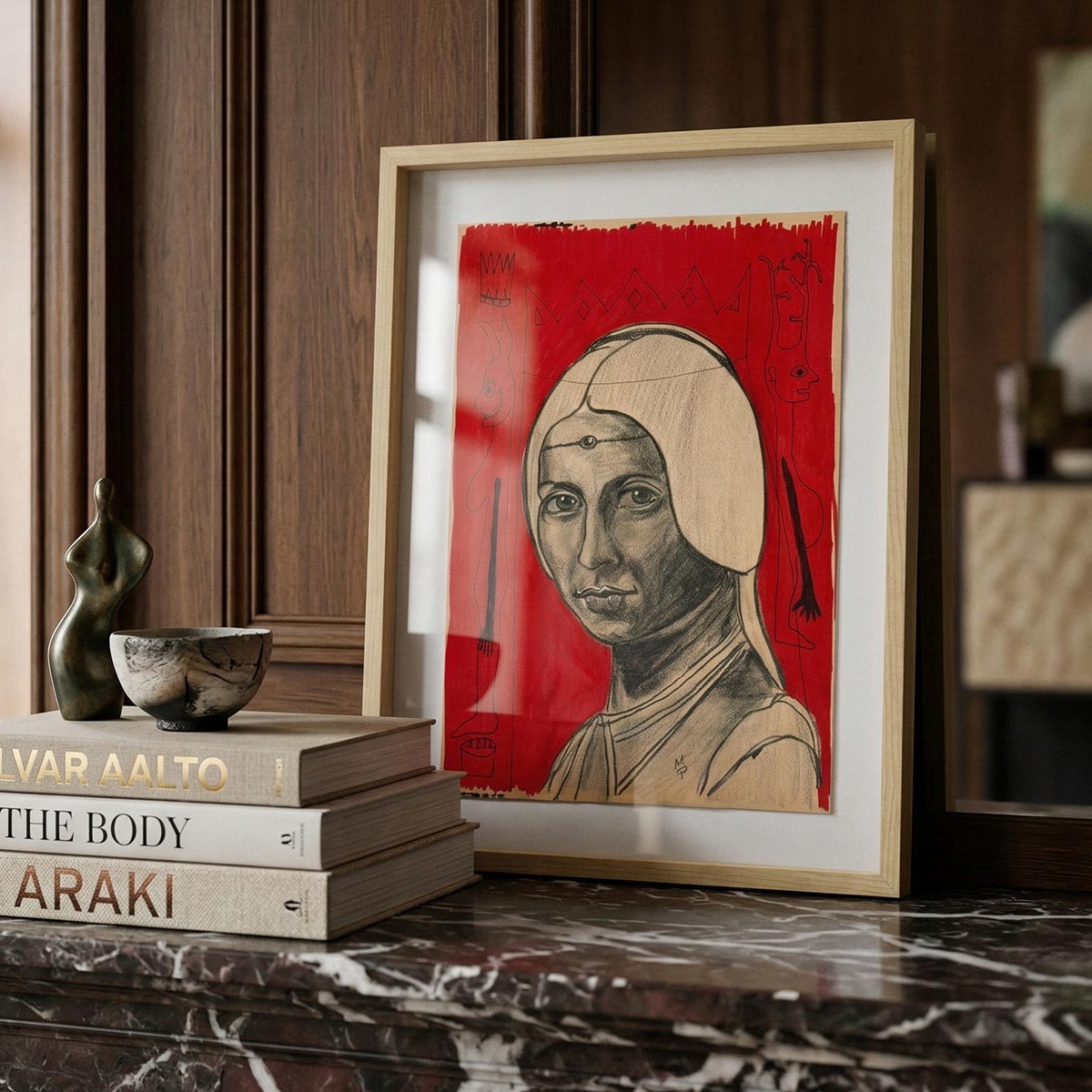 Primo piano del volto nel quadro materico Massimiliano Precisi, evidenziando il dettaglio del terzo occhio.