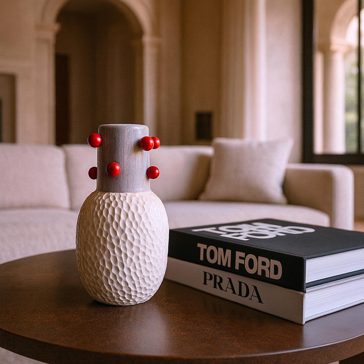 Vaso in ceramica rosso Rosso Astratto, piccola scultura dal design astratto e superficie irregolare.