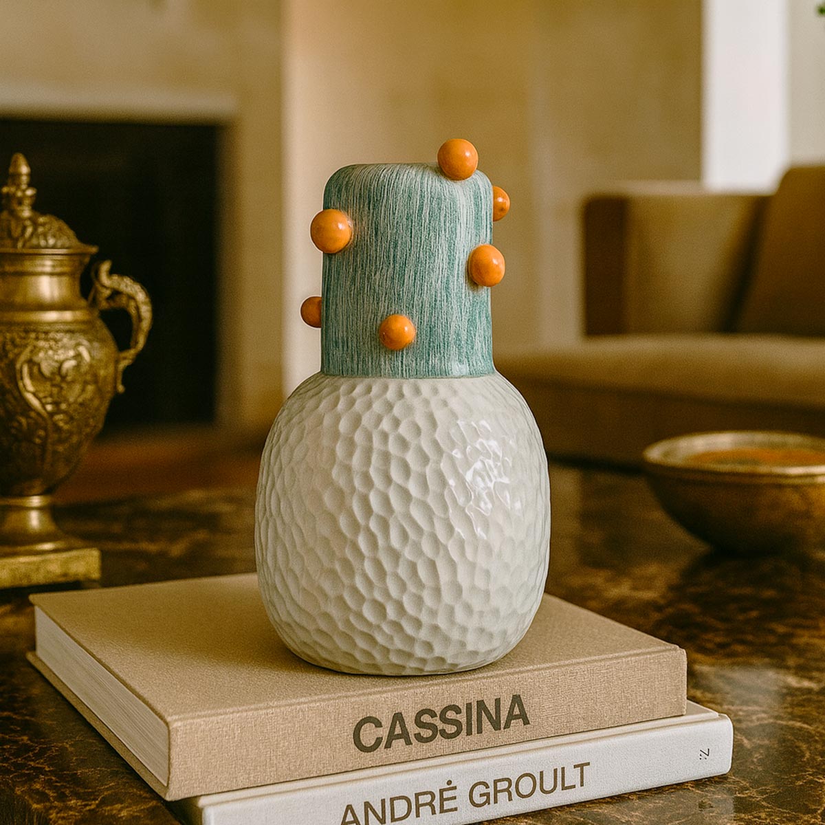 Primo piano delle sfere rosse decorative che punteggiano la parte superiore del vaso in ceramica.