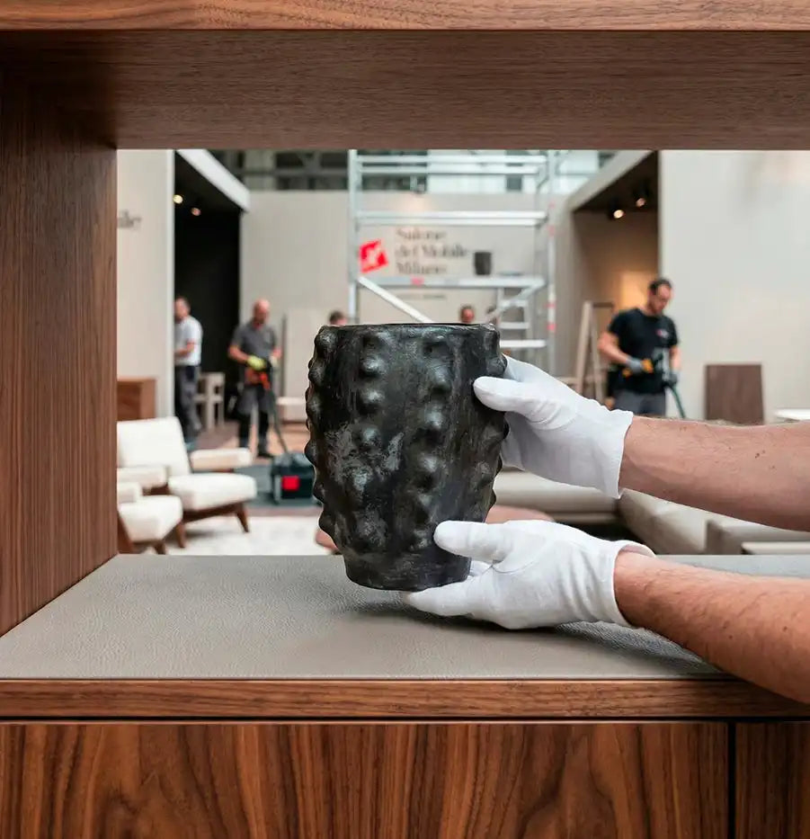 Addetto con guanti bianchi posiziona un vaso scuro di design firmato Vicode durante l'allestimento di uno stand al Salone del Mobile di Milano, illustrando il servizio di noleggio opere d'arte per eventi e fiere.