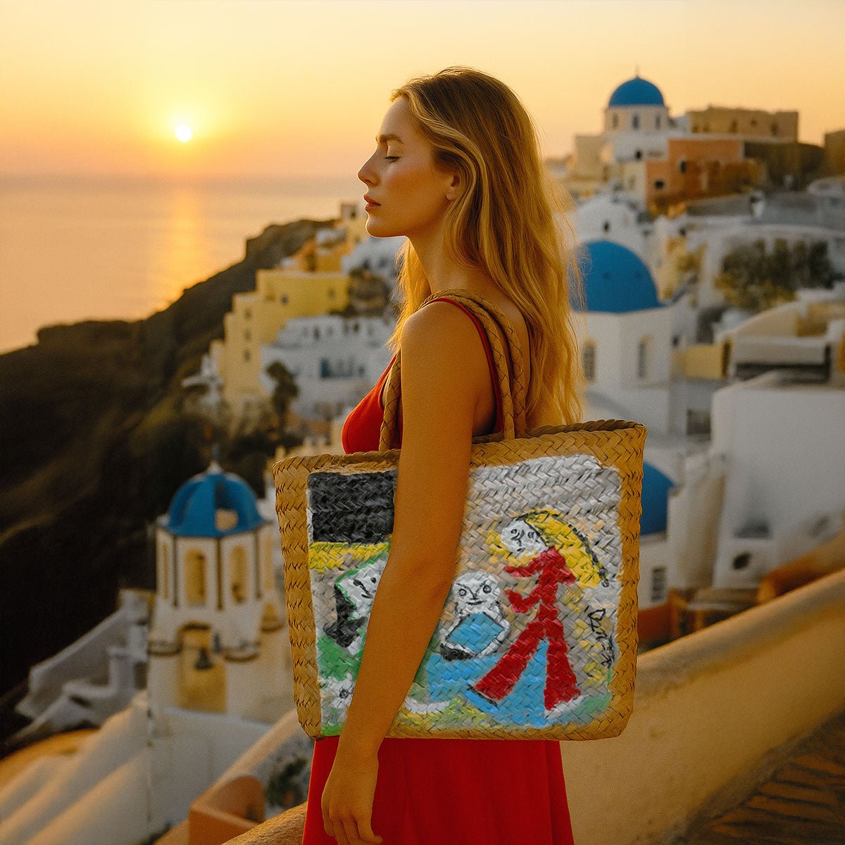 Borsa in paglia Santorini La Scena Cubista, pezzo unico dipinto a mano in stile cubista.