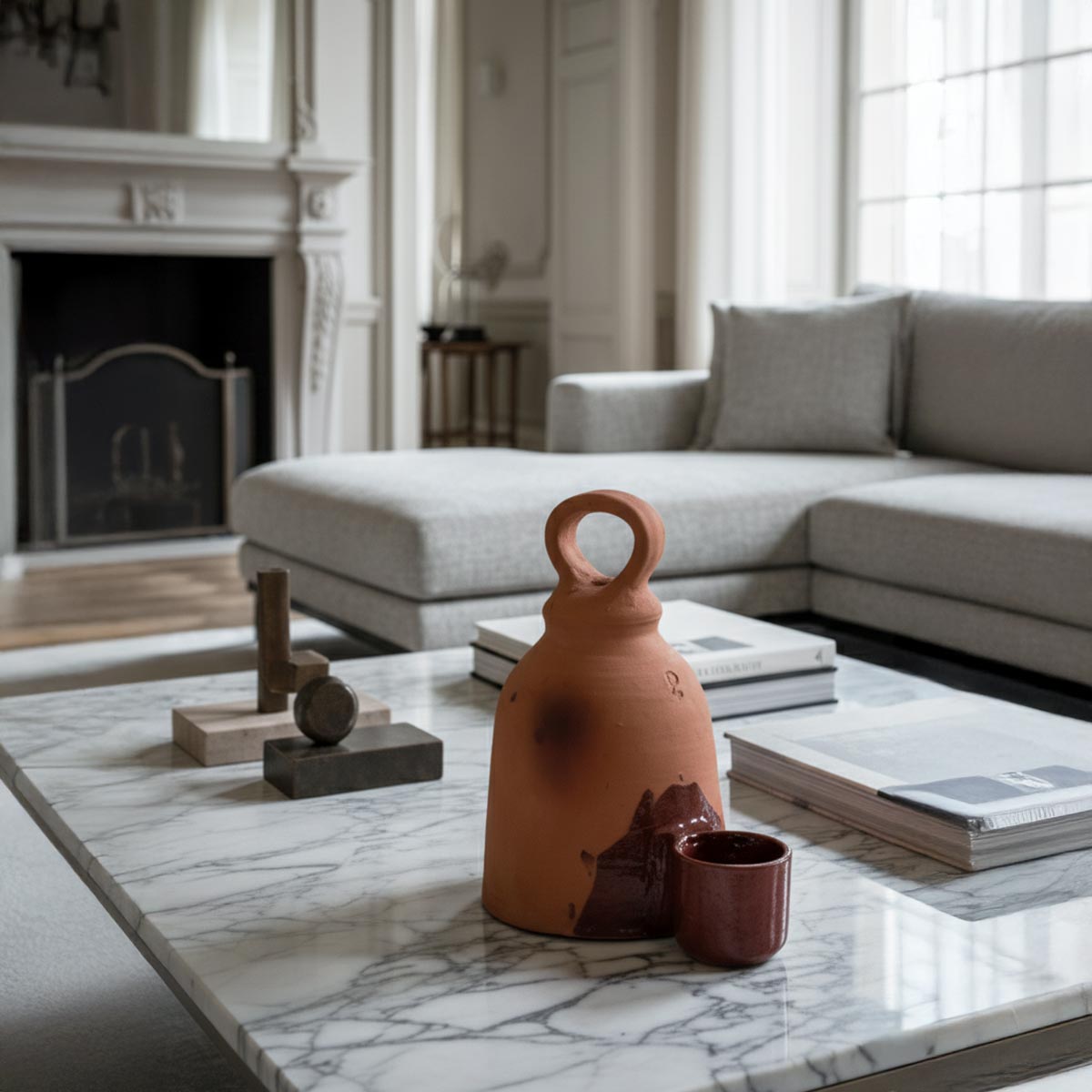 Scultura Canto a Dos 2, opera artigianale spagnola in terracotta e ceramica smaltata scura.