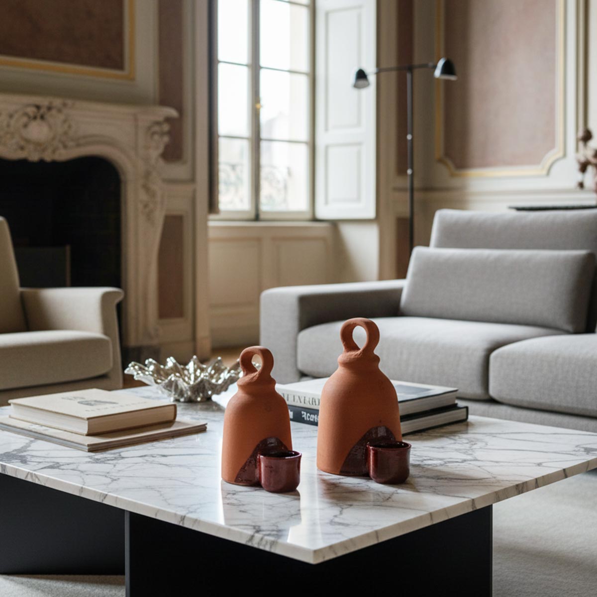 Scultura Canto a Dos 3, opera artigianale spagnola in terracotta e ceramica smaltata scura.