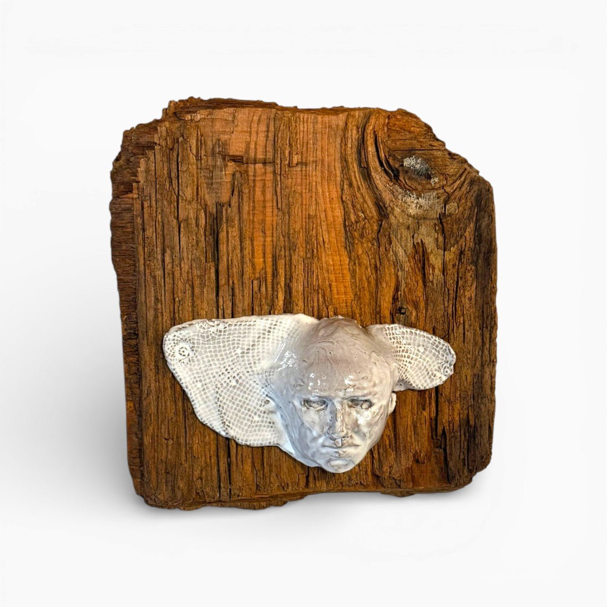 Dettaglio del nodo naturale del legno che evoca un occhio primordiale.