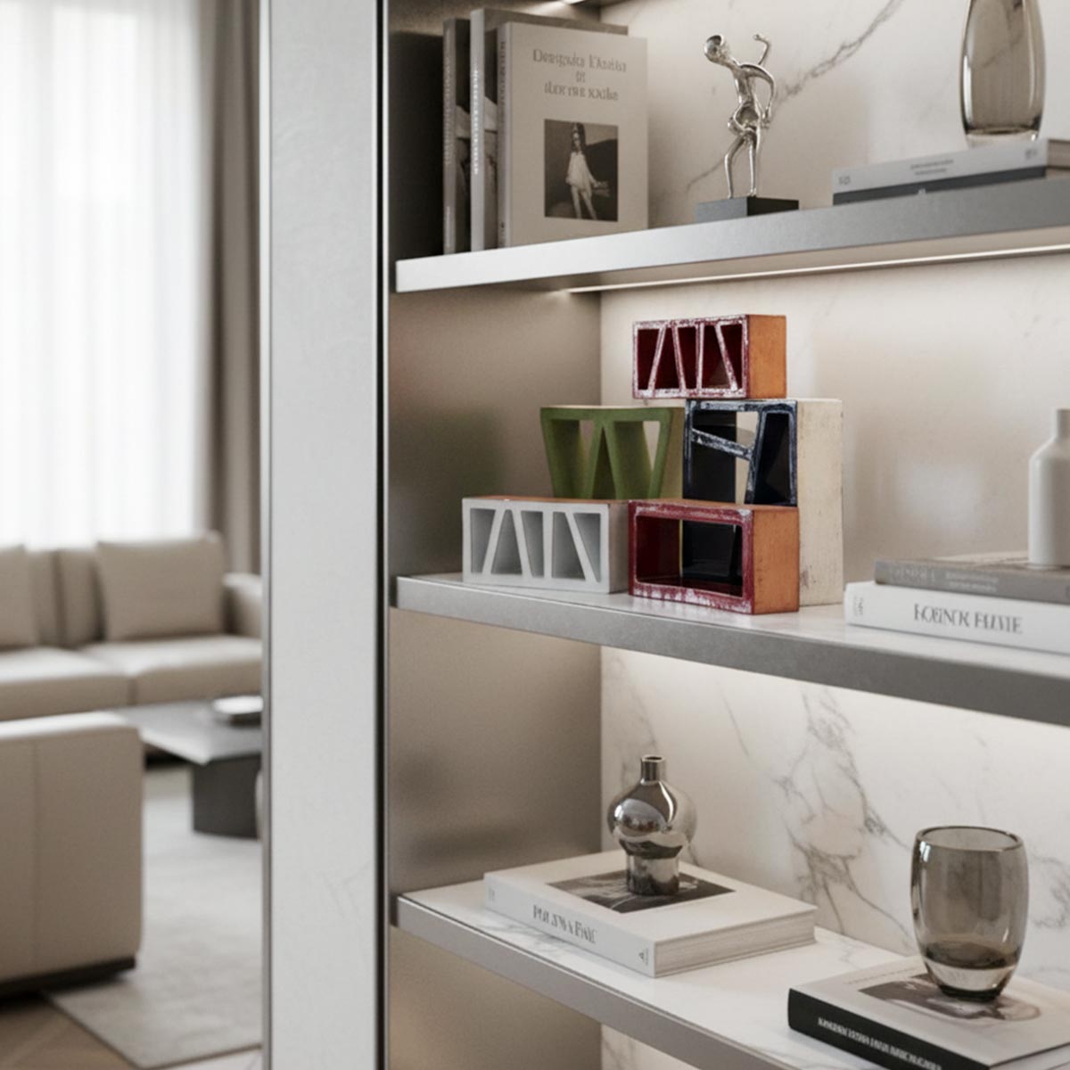 La scultura Orizzonte Verdeggiante esposta con altri pezzi della collezione Echi di Geometria.