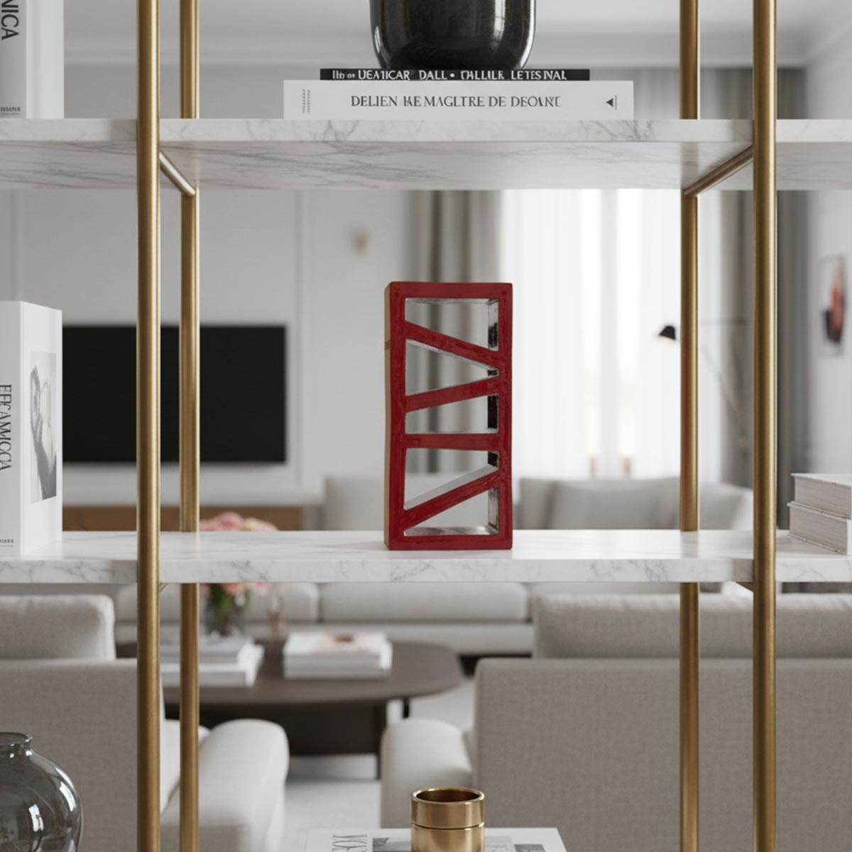 Scultura in terracotta rossa Ombra Vermiglia, dal design geometrico e slanciato, fatta a mano.