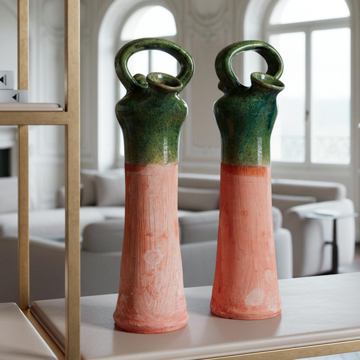 Primo piano dello smalto vitreo verde muschio sulla parte superiore della scultura Anima Catalana.