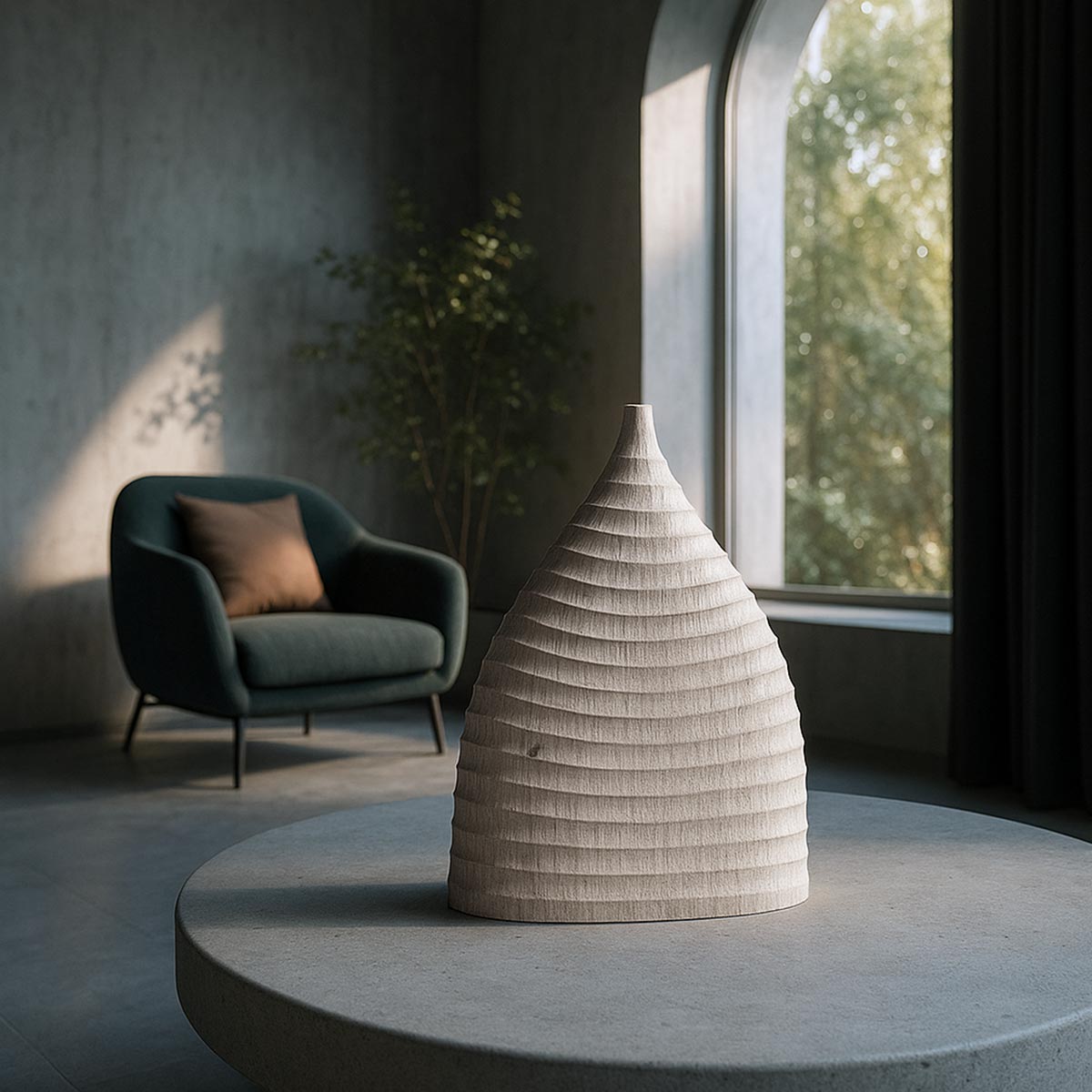 Scultura in legno di rovere massello, firmata Estebanland per Vicode, con forma organica ascendente.