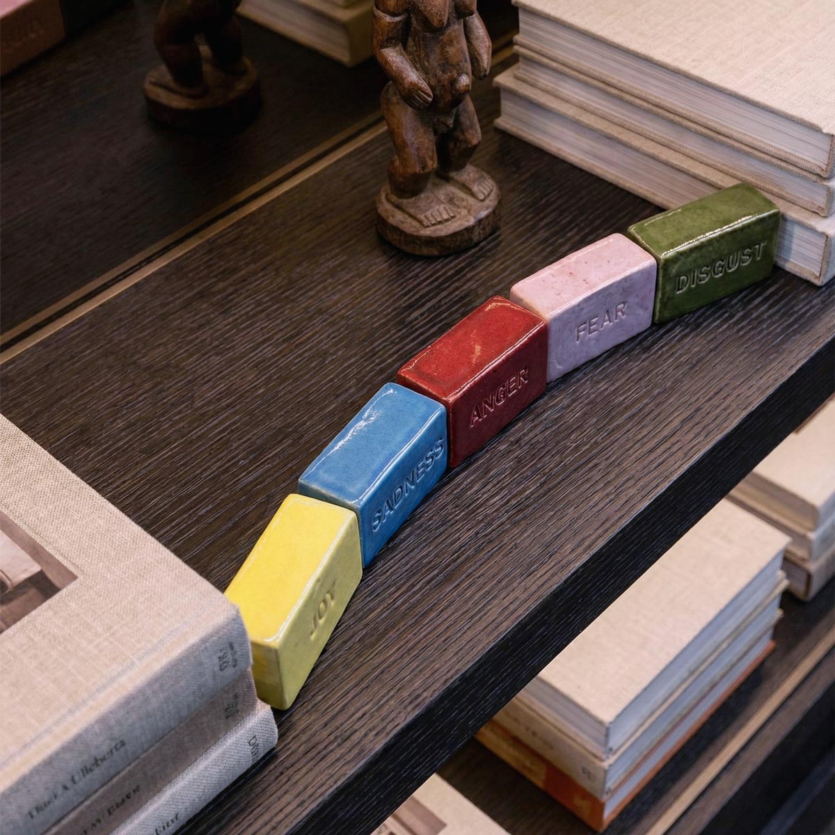 Dettaglio ravvicinato dall'alto dei mattoncini in ceramica colorata 'Emozioni'. L'inquadratura mette in risalto la finitura lucida dello smalto e le lettere incise sui blocchi (giallo, blu, rosso, rosa, verde), disposti in una leggera curva su un ripiano in legno scuro con venature visibili, circondati da pile di libri