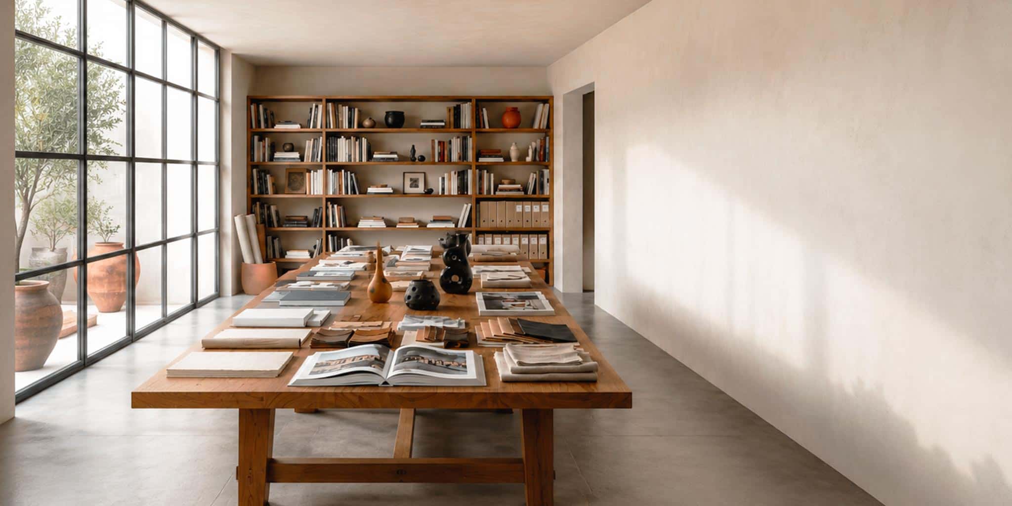 Studio di interior design contemporaneo con tavolo in legno, vasi in ceramica, libri e ampio spazio negativo laterale.