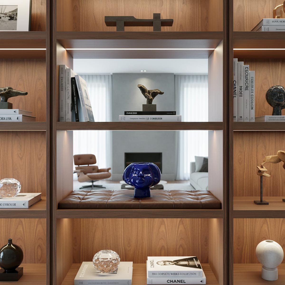 Scultura testa ceramica Selena di Artema Galli, in un profondo smalto blu di Prussia.