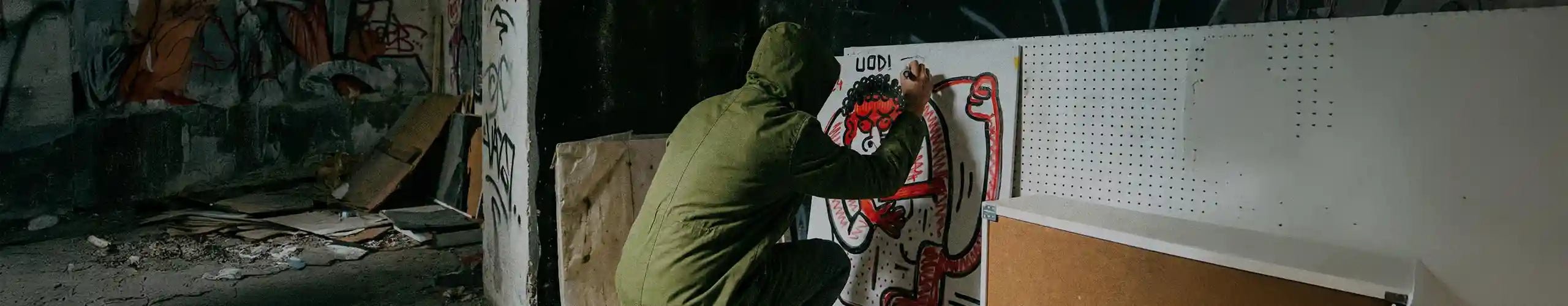 Fotografia granulosa in stile underground che ritrae l'artista Uodi di spalle, con indosso una felpa verde, mentre firma con un pennarello una grande tela in stile graffiti all'interno di un edificio abbandonato.