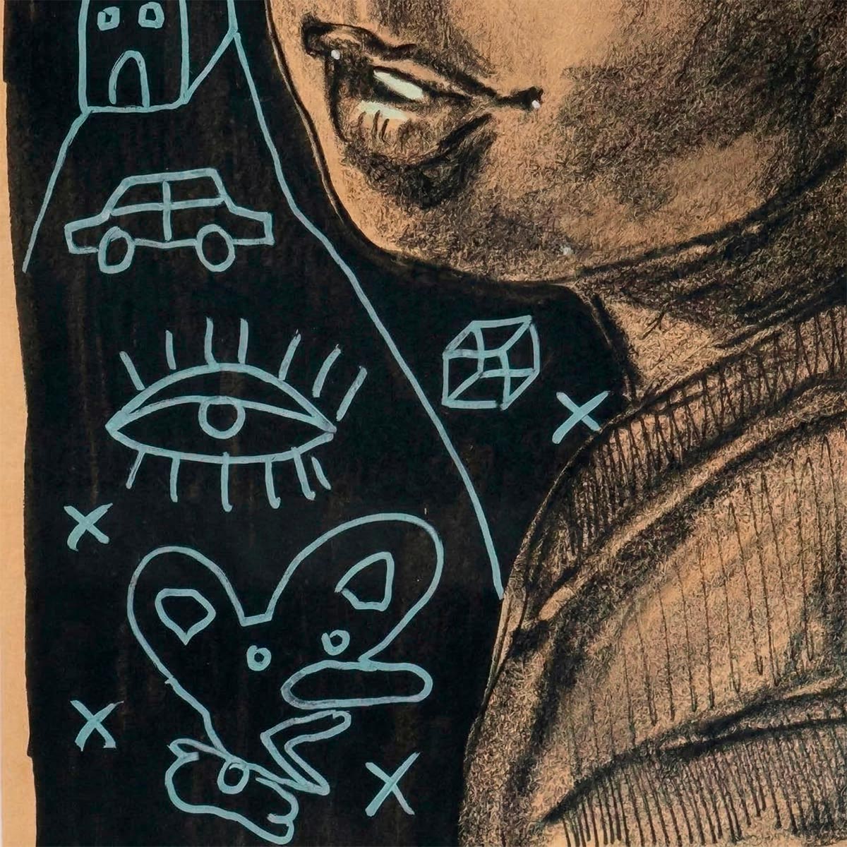 Visione d'insieme che mostra il contrasto tra il fondo nero denso e i segni grafici luminosi.