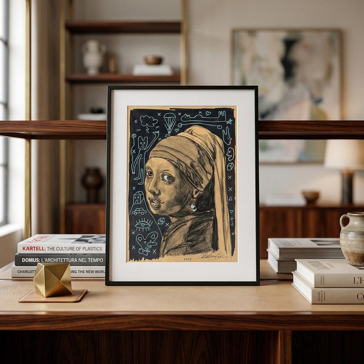 Dettaglio del volto reinterpretato nell'opera d'arte Massimiliano Precisi con tecnica a carboncino.
