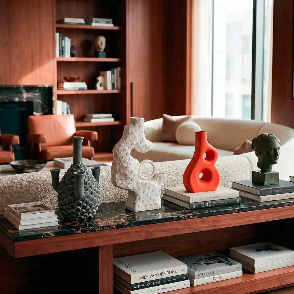 Composizione di vasi in ceramica di design e oggetti decorativi su consolle in un raffinato interno contemporaneo.