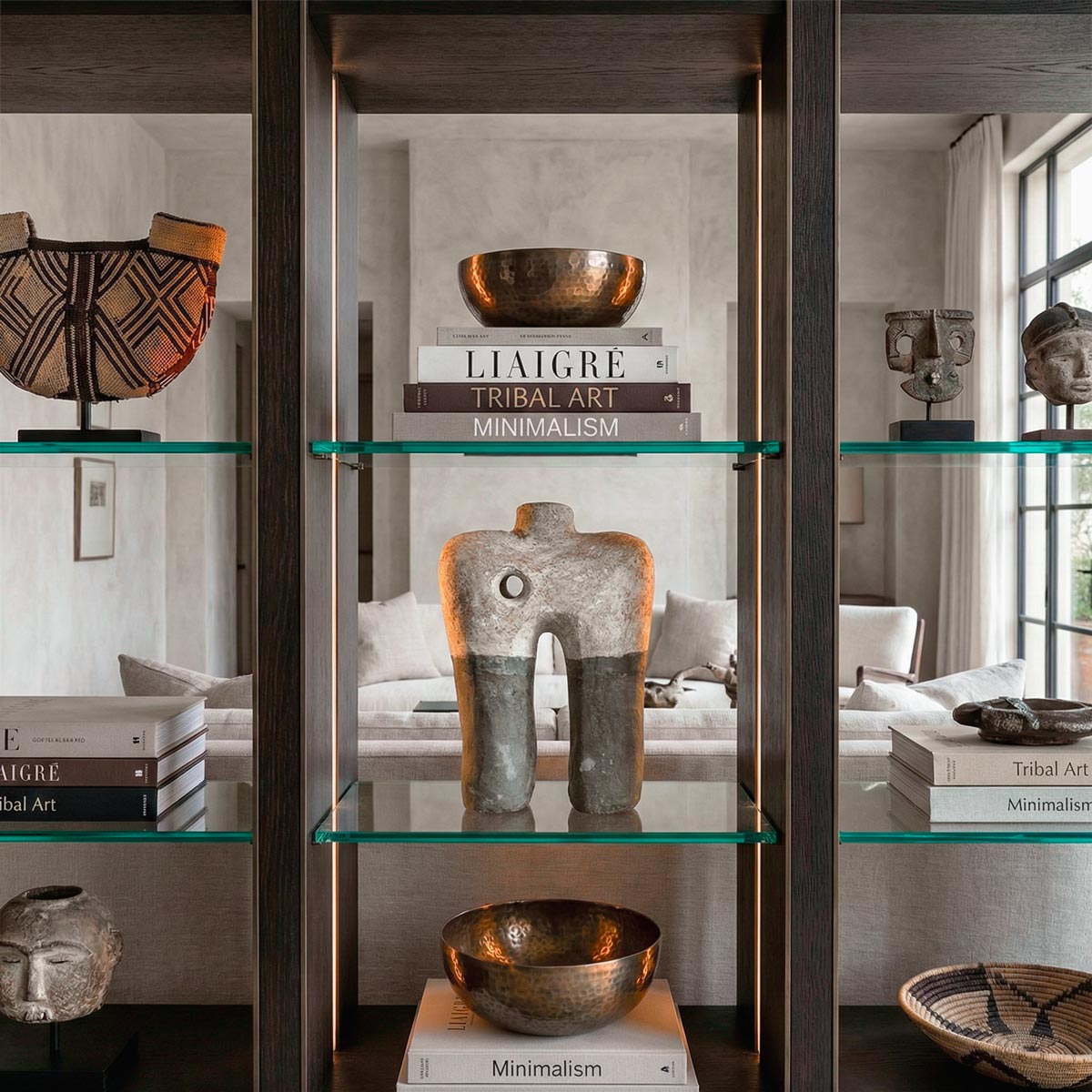 Lussuosa libreria a tutta altezza in legno scuro e bronzo con illuminazione LED integrata in un ambiente living stile Liaigre. Al centro del ripiano in vetro spicca una scultura astratta in cartapesta bicolore (beige e grigio scuro) alta 35 cm con foro centrale, circondata da pile di libri di design ('Liaigre', 'Tribal Art'), ciotole in bronzo martellato e cesti etnici. Sullo sfondo un salotto luminoso.
