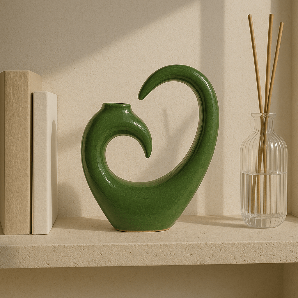 Vaso berbero scultoreo Eco del Cedro, in ceramica verde profondo dal design organico.