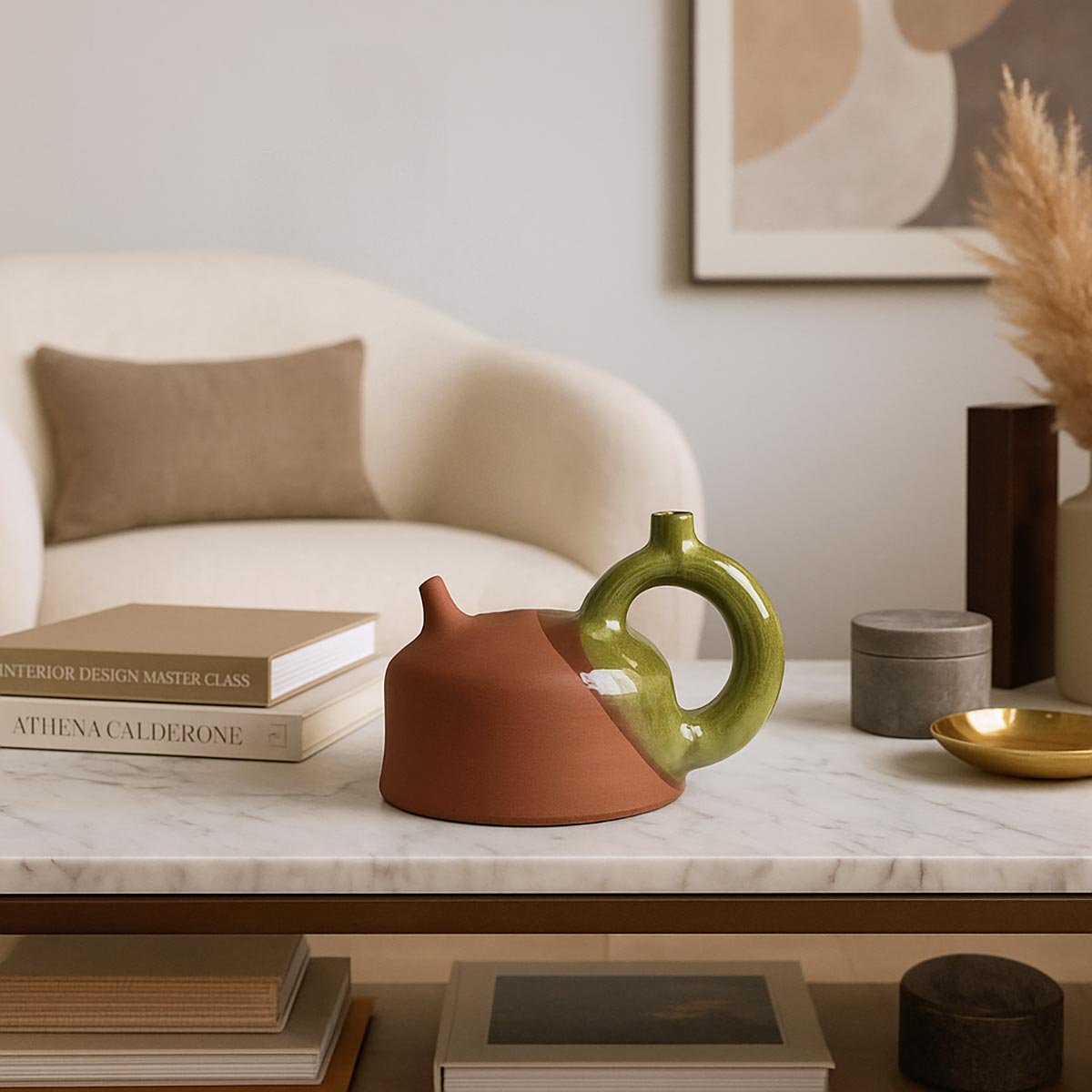 Botijo Luna Verde con smaltatura verde brillante e base in terracotta a vista.