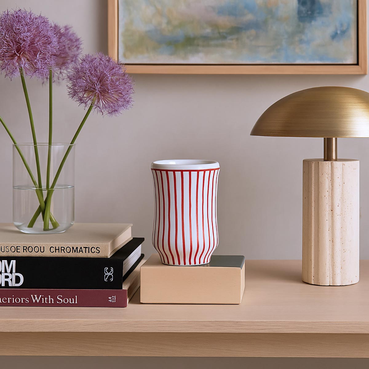 Vaso Valenciano Rayas rojas in ceramica artigianale, dipinto a mano con righe rosse e bianche.