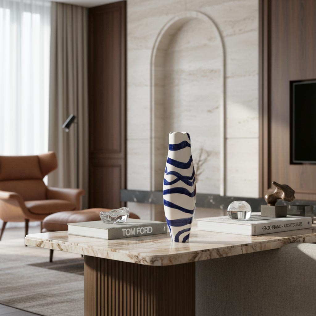 Vaso Ritmo Marino di Artema Galli, ceramica blu cobalto e crema dipinta a mano.