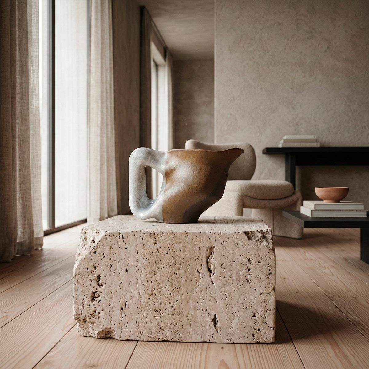 Brocca in ceramica artistica con corpo bruno e manico azzurro polvere.