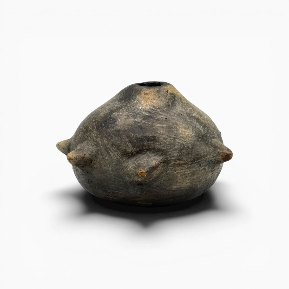 Piccola apertura superiore della scultura globulare spinosa in terra cruda di Sejnane.
