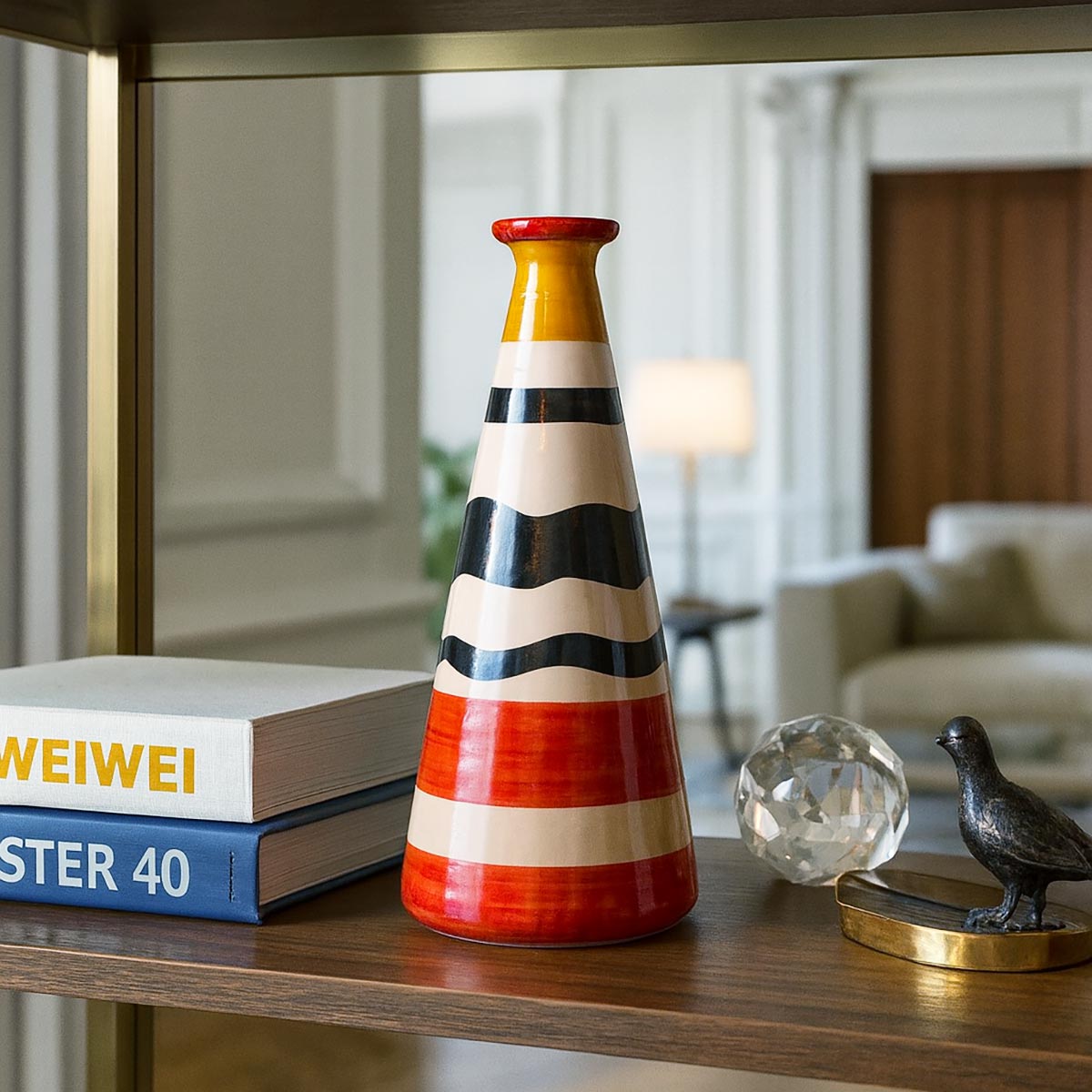 Il vaso ceramica colorato Sipario Audace esposto come pezzo unico su una console laccata.