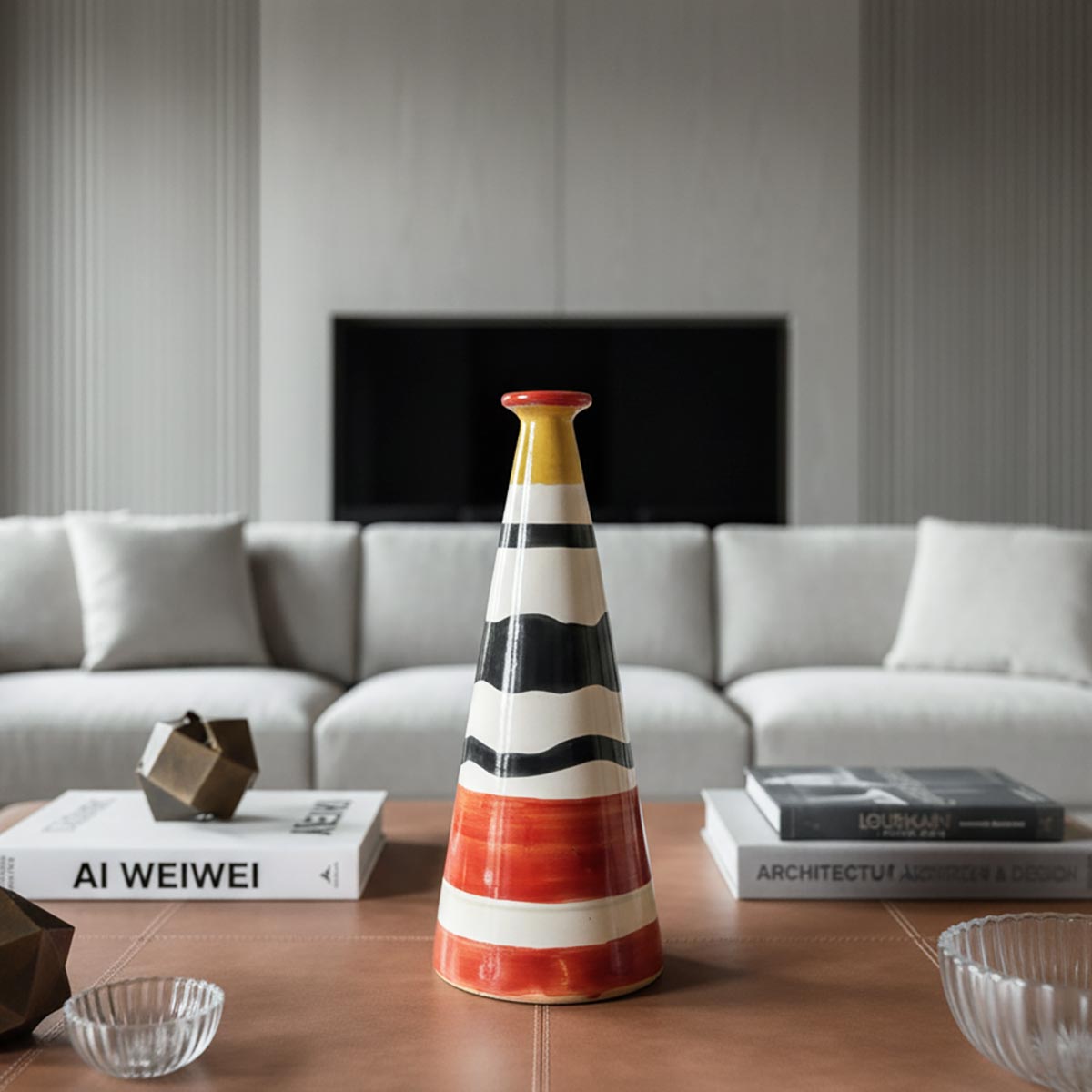 Primo piano delle bande di colore (rosso, bianco, nero, giallo) dipinte a mano sul vaso.