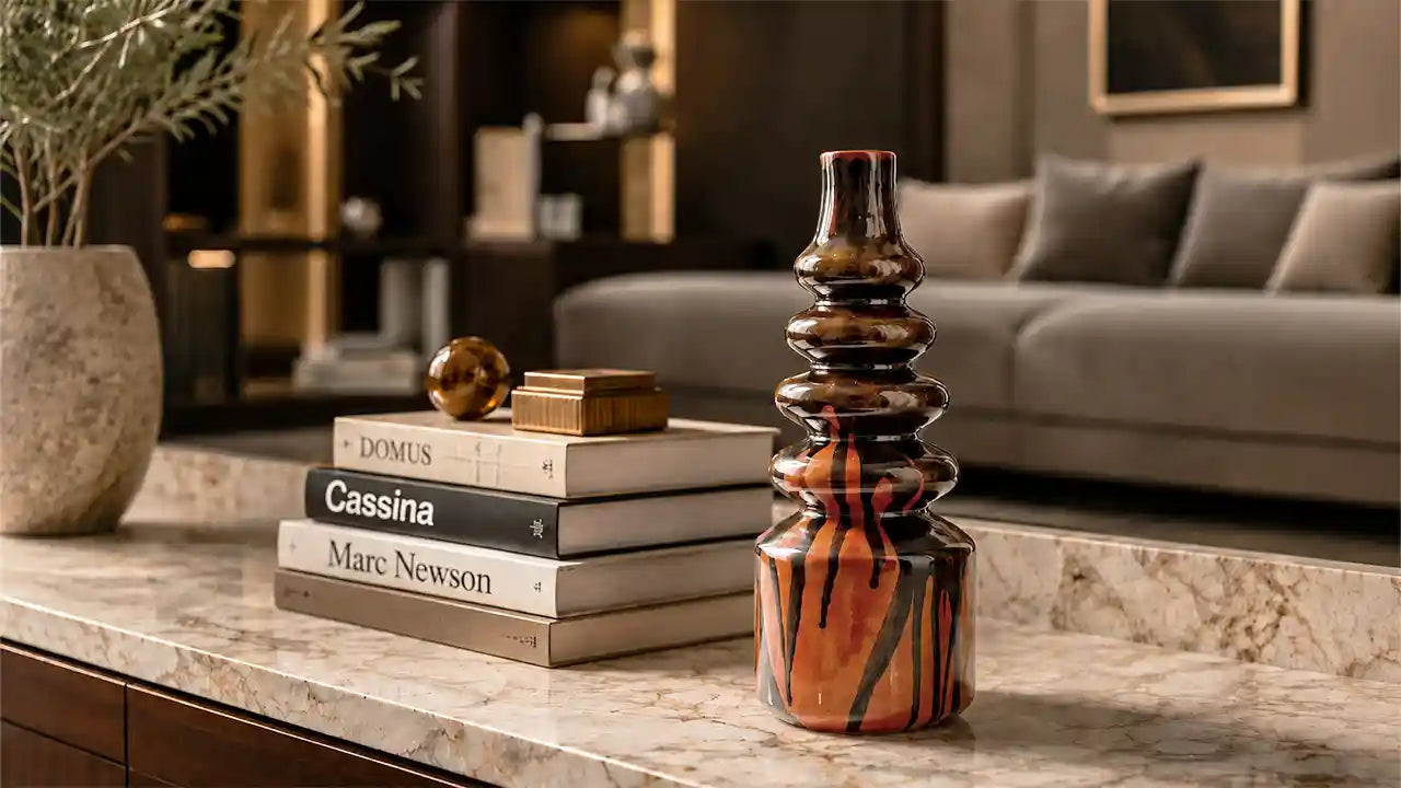 Vaso Vicode in ceramica artistica marrone e rossa con texture a goccia, altezza media, ideale per soggiorno di lusso.