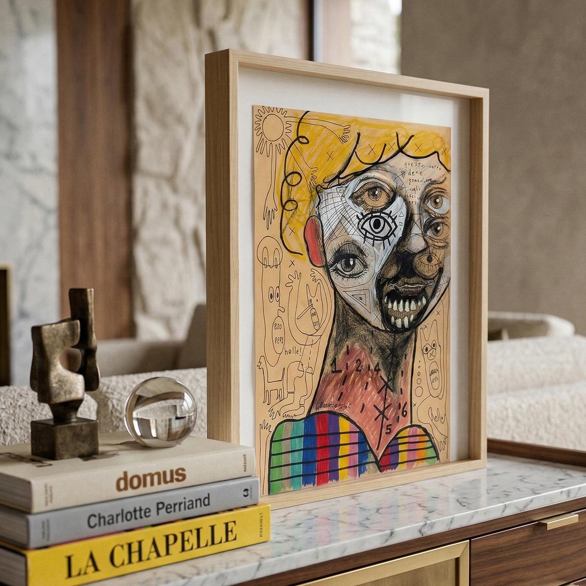 Contrasto tra le ombre scure del volto e i toni ocra caldi del quadro di Massimiliano Precisi.
