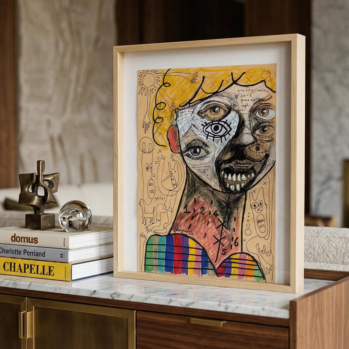 Dettaglio dell'occhio con messaggio calligrafico nel quadro neo-espressionista Massimiliano Precisi.