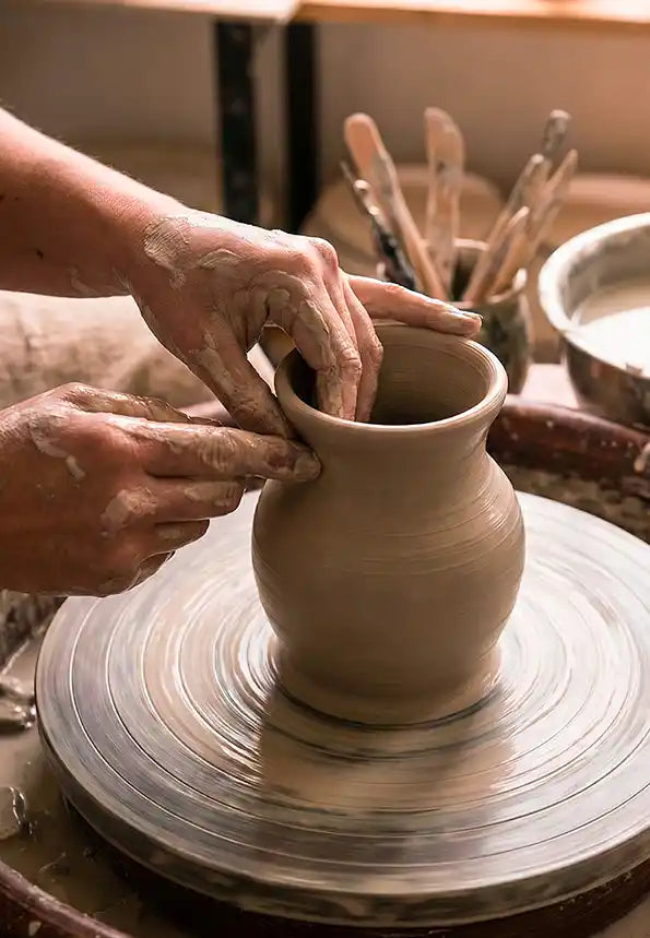 Un primo piano di mani sporche di argilla che modellano abilmente un vaso di terracotta su un tornio da vasaio in rotazione. I segni circolari dell'argilla e l'acqua che schizza sono visibili sulla superficie del tornio di legno. Sullo sfondo sfocato si intravedono strumenti per la ceramica e una ciotola d'acqua in un laboratorio artigianale illuminato da luce naturale.