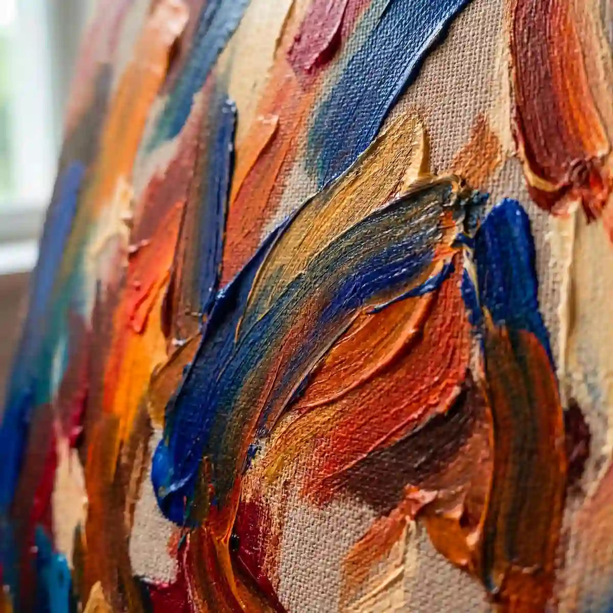 dettaglio di un quadro moderno con pennellate astratte rosse e blu