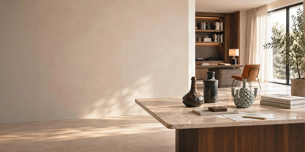Studio di interior design con ceramiche Vicode, materiali e campioni per progetti di architetti e professionisti.
