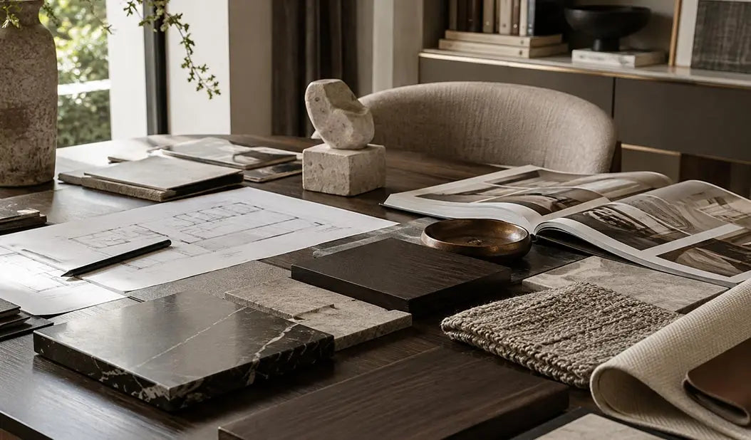 Tavolo di progetto per interior design con campioni di materiali, disegni tecnici e finiture, servizi professionali Vicode.