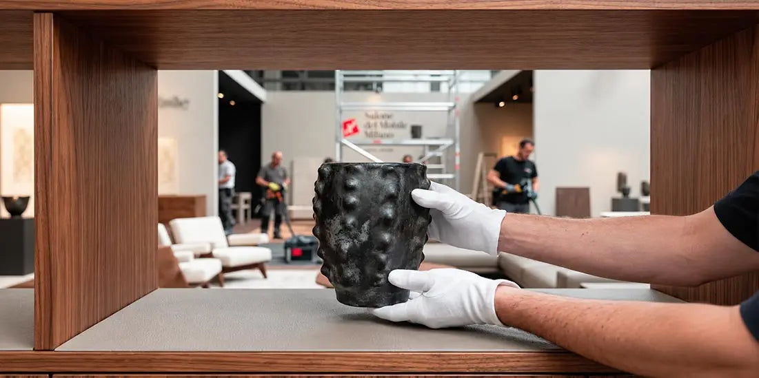 Allestimento Vicode al Salone del Mobile di Milano con vaso scultoreo posizionato a mano durante la preparazione dello spazio